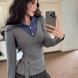 Girlary Fake Two-Piece Plaid Long-Sleeved T-Shirt Gray Women Autumn Design Niche Stitching Inner Bottoming Waist Top