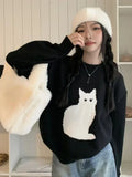 Girlary Sweet Sweater Pullover Women Cartoon Cat Pullover Autumn Winter Outwear Loose Vintage Knitted Tops Female Fashion