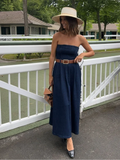 Girlary Elegant Solid Belt Slim Off Shoulder Sleeveless Robes Fashion Women Denim Strapless Maxi Dress 2025 Chic Beach Vocation Vestdios