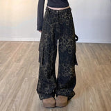 Girlary Y2K New American Fashion Leopard-print Baggy Jeans Men And Women Harajuku Vintage Pocket Overalls Street Wide Leg Casual Pants