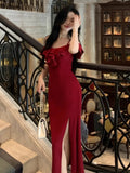 Girlary Elegant Off Shoulder Spaghetti Strap Dress Slash Neck Split Evening Party Prom Dresses Ruffles Bodycon Vestidos Female Outfits