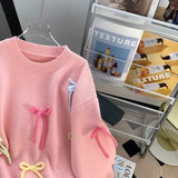 Girlary Korean Fashion Loose Bow Pink Sweater Women Autumn Winter Long Lazy Style Luxurious Gentle Knitted Pullover Top