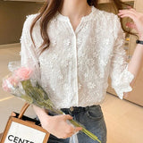 Girlary Summer New Elegant Lace Shirt Woman Casual White Embroidery Floral Ladies Tops Fashion New Short Sleeve Blouse Women Blusas