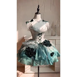 Girlary Japan Elegant Noble Amber Green Short Jsk Dress Flower Wedding Birthday Dress Heavy Industry Trailing Princess Skirt Lolita