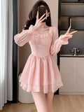 Girlary Women Pink Patchwork Chiffon Chic Ruffled Short Dress Spring Elegant Diamonds Kawaii Dress 2024 Korean Fashion Bodycon Vestidos