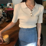 Girlary Korean Style Korean 2024 Women Elegant And Casual Polo Plunge Neck Short Sleeve Knitted Shirt Crop Tops