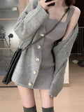 Girlary Gray 2 Piece Dress Set Women Casual Long Sleeve Cardigan + Bodycon Strap Sweater Dress Evening Party Knitted Suit