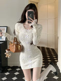 Girlary Autumn Elegant Slim Knitting Lace Dress Women Sexy Bodycon Y2k Mini Dress Casual Short Party Korean Fashion Dress Design