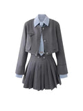 Girlary Gray Preppy Style 3 Piece Set Women Korean Fashion Y2k Mini Skirt Suit Female Casual Stripe Blouse＋Chic Coat＋Elegant Skirt 2024