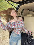 Girlary Blouses Retro Contrasting Plaid One Shoulder Long Sleeved Shirt Women Autumn Ruffles Stylish Versatile Streetwear Fashion Top