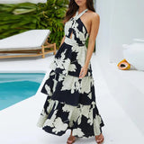 Girlary Spring Women Fashion Pattern Print Long Dress Summer Sexy Hollow Pleat Holiday Beach Dress Elegant Halter Backless Bohe Dresses