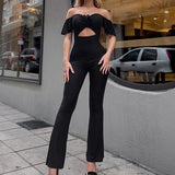 Girlary New Women High Street Slim Jumpsuit Sexy Solid Color Off Shoulder Lace-up Romper Summer Hollow Out High Waist Hip Wrap Playsuits