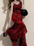 Girlary Winter French Vintage Velvet Long Dress Women Elegant Slim Spaghetti Strap Folds Dress Sexy Casual Evening Party Y2k Dress