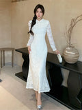 Girlary Chinese Style Elegant Hollow Out Lace Mermaid Dress New Fashion Sexy Slim Wedding Party Dresses Solid Bodycon Vestidos Mujer