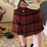 Girlary Preppy Style Plaid Skirt Women Sweet Vintage Red Short Skirt Korean Style Elegant  Autumn Winter Fashion A-line Skirts