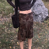 Girlary Fairy Grunge Aesthetics Brown Mesh Midi Skirts Y2K Streetwear Low Waist Printing A-Line Skirt Elfcore Outfits Retro Fall