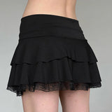 Girlary Goth Dark Y2k Bow Lace Trim A-line Party Mini Skirts Mall Gothic Ruffles Low Waist Black Skirt Women Lolita Fashion Streetwear