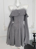 Girlary Korean Sweet Mini Dress Sexy Gray Off Shoulder Long Sleeves Lace-up A-Line Party Dresses Y2K Female One Piece Vestidos Mujer New