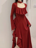 Girlary Spring Red Vintage Elegant Dress Women Flare Sleeve Designer Sweet Long Dress Female Ruffles Retro Princess Irregular Dress