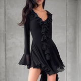 Girlary Elegant Ruffles Mini Dress for Women Fashion Mesh Patchwork Long Sleeve Party Dresses Spring Sexy V-neck Casual Dress 2025