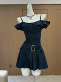 Girlary Summer Ballet Core Mini Denim Dress Women 2000s Slash Neck Frocks With Belt Party Old Money Prom Gown One-Piece Coquette Gyaru