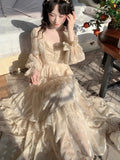 Girlary French Elegant Fairy Lace Dress Women Autumn Sweet Ruffles Petal Sleeve High Waist Princess Clothing Vintage Evening Party Mjuer