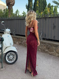 Girlary Women Chic Burgundy Lace Back Slit Maxi Dress Sexy Skinny Square Neck Backless Sling Robe 2024 New Lady Elegant Cocktail Dresses