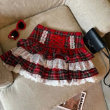 Girlary party look snspos Autumn Winter Patchwork Plaid Print Lace Ruffle Cake Skirts Y2k Hot Girl 2000s Woolen Mini Skirt Bow Lace Up High Waist Skater