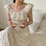 Girlary Summer Sleeveless Polka Dot Print Dress Women Backless Fashion Sweet Ladies Dresses Korean Loose Ruffle Pleated Woman Long Dress