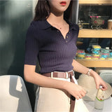 Girlary Korean Style Korean 2024 Women Elegant And Casual Polo Plunge Neck Short Sleeve Knitted Shirt Crop Tops