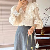 Girlary Vintage French Women Shirts Lace Lolita Elegant Long Sleeve Flounce Blouse High Quality Office Lady Chic Female Tops