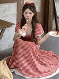 Girlary Elegant Red Plaid Midi Dresses for Women Lace Patchwork V-neck A-line Sweet Casual Summer New Party Dress Kawaii Vestidos Mujer