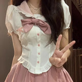 Girlary Sweet Rabbit Ear Sailor Collar Puff Sleeve Shirts Women+ Y2k Slim Waist Ruched Pink Skirts Summer Oversize Two Piece Sets