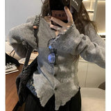 Girlary Y2k Grey Vintage Women Kint Sweater Harajuku Long Sleeve Cardigan Irregular Korean Fashion Slim Autumn Jerseys Casual