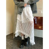 Girlary White Lace Asymmetrical Skirt Women Fairycore Sweet Vintage Mid Irregular Skirt Korean Style Aesthetic Ruffle Skirts