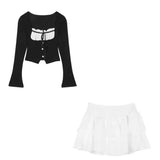 Girlary Autumn 2 Piece Skirt Set Women Casual Bow Shirts + Elegant Sexy Bodycon Mini Skirt Slim Beach Style Korean Chic Skirt Suits