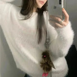 Girlary Korean Soft Woolen Sweaters For Women Letter Print Long Sleeve Knitting Pullover Solid Loose Sweaters Casual Plush Top