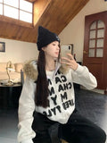 Girlary cute winter outfits Korean High Street Retro Letters And Fluffy Collar Gray Cardigan Women's Y2K New Harajuku Goth Slim Casual Joker Zipper Hoodie