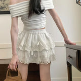 Girlary Coquette White Lace Short Skirt Ruffle Women Sweet Bow Kawaii Mini Skirts Patchwork Layered A-line Aesthetics Skirt