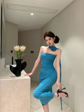 Girlary Dresses Women Sexy Flowers Sleeveless Halter Backless Split Elegant Temperament Party Dress French Style Chic Female