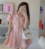 Girlary Chic Women Floral Dress Short Sleeve Single-breasted Korean Fashion Summer New A-Line Elegant Dresses Vestidos