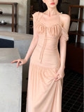 Girlary New Elegant Fashion Summer Pleats Dresses for Women Drawstring Evening Party Korean Pink Bodycon Female Clothing