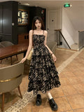 Girlary Y2k Korean Style One Piece Floral Dress Women Vintage Elegant Layered High Waist Black Long Slip Fairy Dresses Summer