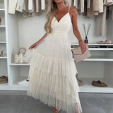 Girlary Fashion High Waist Bridesmaid Party Dress Elegant V-neck Sleeveless Suspenders Dress Women Sexy Hollow Pleated Solid Long Dress