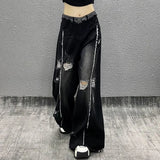 Girlary American Cool New Fashion Wide Leg Jeans With Rough Edges And Holes Female Y2K Harajuku Retro Hip Hop Stitching Joker Pants Tide