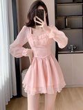 Girlary Women Pink Patchwork Chiffon Chic Ruffled Short Dress Spring Elegant Diamonds Kawaii Dress 2024 Korean Fashion Bodycon Vestidos