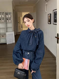 Girlary Denim Shirts Women Bow Bandage Puff Long Sleeve O Neck Button Vintage Fashion Ladies Blouse Elegant Tops Casual