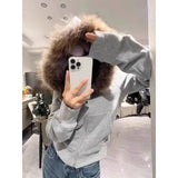 Girlary Autumn New Slim Zipper Jackets Y2k Long Sleeve Sweatshirts Vintage American Retro Fur Collar Hooded Cardigan Coat Women Spring