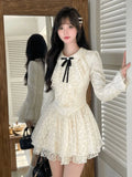 Girlary French Elegant Lace Mini Dress Women Autumn Turn-down Collar Lace-up Bow Long Sleeve Slim Waist A-line Pleated Vintage Mujer