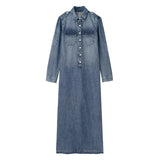 Girlary Spring and Autumn Long Midi Blue  Denim Dress Spring and Autumn Women's Wear Classic Simple Dress Fashion Casual Long Dress